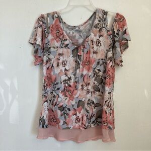 Peach and Olive Cold Shoulder floral shirt with peach chiffon trim L